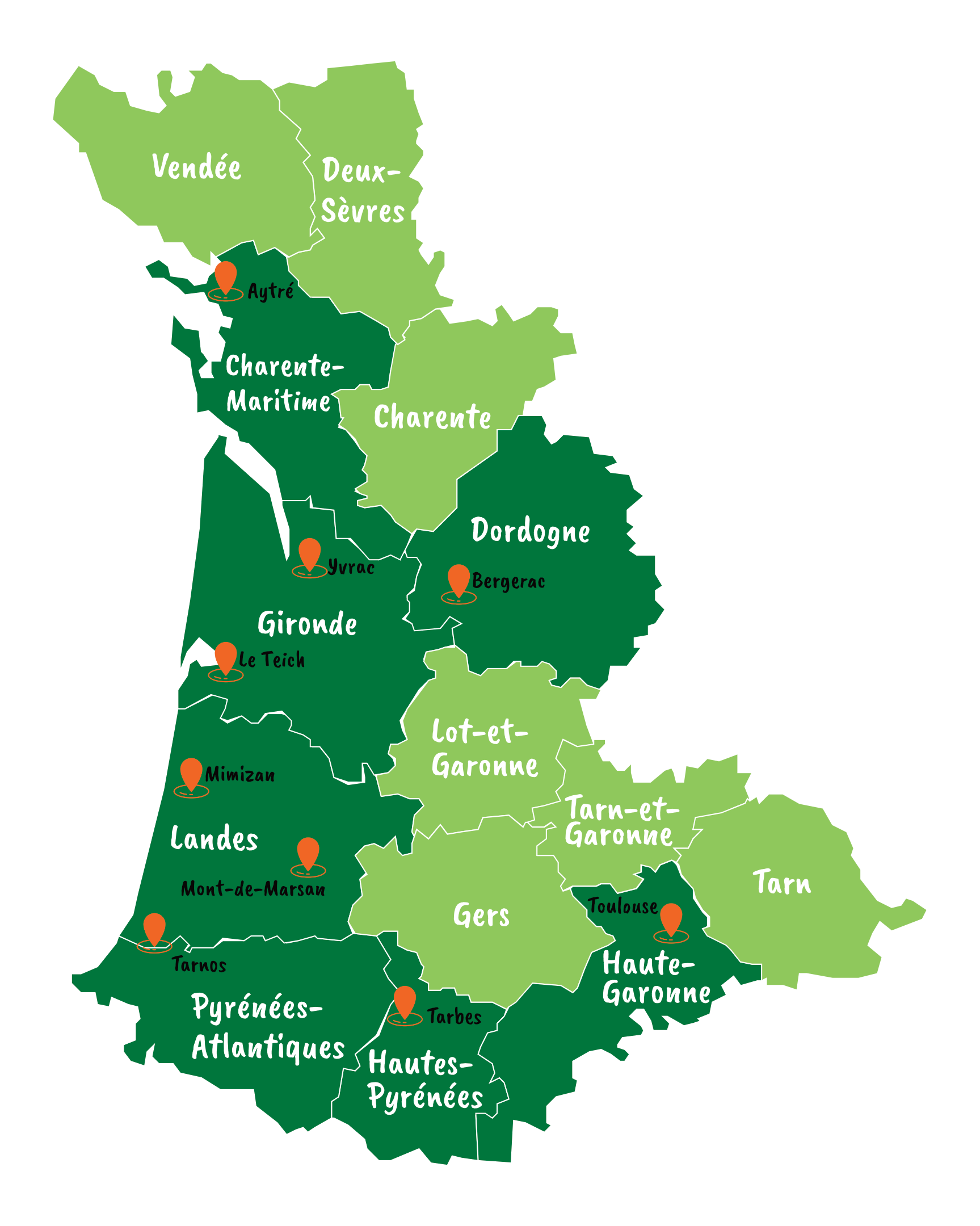 Carte agences ISO&FACE 02:2025 -V2 Zones d'intervention ISO&FACE Landes Bassin d'Arcachon et Bordeaux Métropole